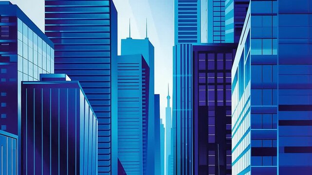 Animated blue cityscape with modern skyscrapers. Stylized 2D graphic of a futuristic urban environment. Corporate business and finance background concept