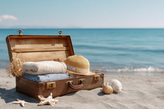 An open vintage suitcase filled with a towel striped shirt and straw hat sits on a sandy beach next to seashells and a starfish with the sea in the background
