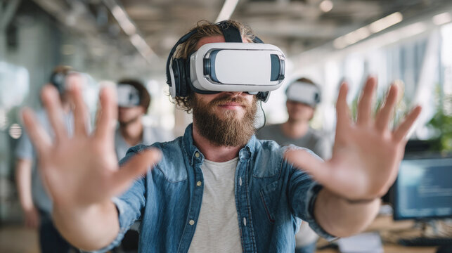 Bearded man using VR headset with hands raised in immersive virtual environment, surrounded by team members in modern tech office space.  Virtual reality corporate training.