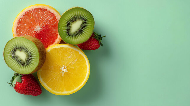 Soft Pastel Vitamin C Flatlay with Citrus Fruits and Strawberries - Healthy Nutrition Concept