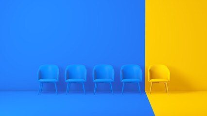 Yellow Chair Standing Apart from Blue Chairs in Minimal Two-Tone Studio