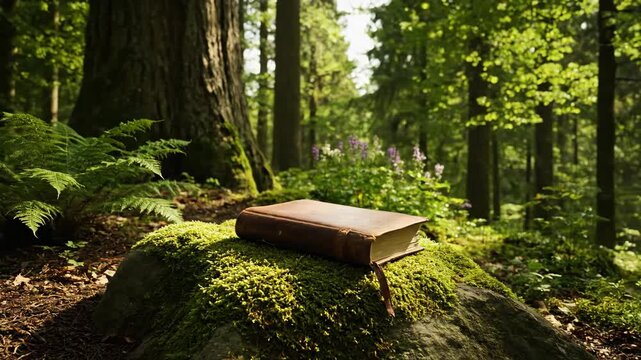 Old book resting on mossy stone in a lush green forest setting.