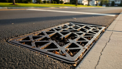 Fototapeta premium Decorative storm drain cover on road – symbol of blending function with design