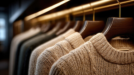 Wool sweaters hanging on hangers in an expensive showroom, clothing boutique, cashmere, textile, fashion, store, knitted jumper