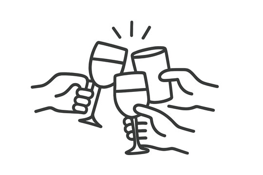Multiple hands holding various glasses clinking together in a celebratory toast