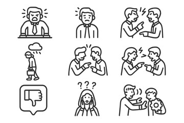 Line symbols depicting negative emotions, workplace conflict, stress, and disagreement