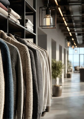 Wool sweaters hanging on hangers in an expensive showroom, clothing boutique, cashmere, textile, fashion, store, knitted jumper