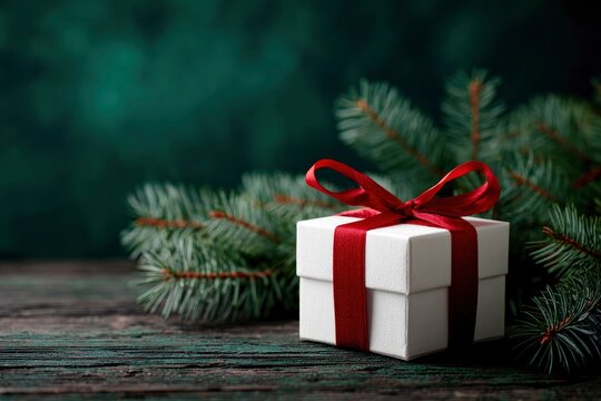 White gift box with red ribbon on weathered wood fir branches surround it set against a blurred dark green backdrop - Powered by Adobe
