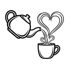 Black and white outline illustration of a teapot pouring liquid into a cup forming a heart-shaped steam