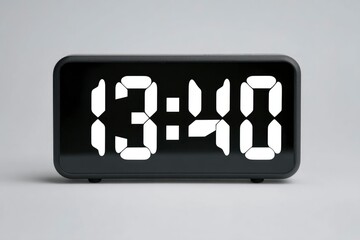 A digital clock displays the time 1340 in white against a black background set on a grey surface
