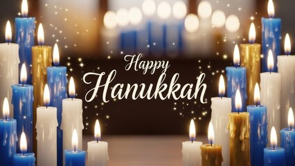 Happy hanukkah with glowing candles and sparkles