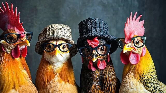Four quirky chickens and roosters with glasses and hats in a row. Funny animal characters posing as a team. Humorous concept footage