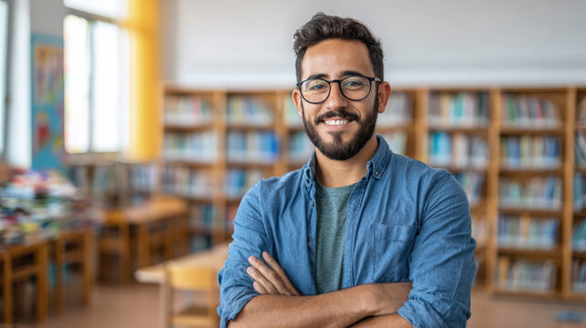 Smiling young male teacher with glasses standing confidently in a bright library or classroom, arms crossed, promoting education, learning and academic professionalism.