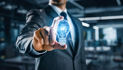 Visionary Innovation: A man in a tailored suit confidently presents a glowing lightbulb, a symbolic representation of inventive and strategic thinking.
