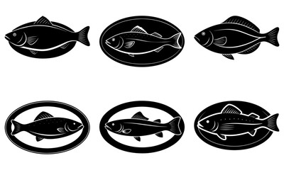 Classic fish species illustrations for seafood menus and fishing guides, vintage vector graphics in black and white for restaurant branding and design