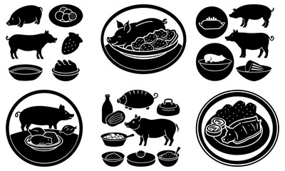 Delicious pork dishes, culinary delights, and pig illustrations for food lovers, restaurant menus, and butcher shops, originally vector graphics