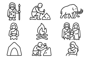 Fototapeta premium Prehistoric human life and Stone Age civilization elements featuring cave dwellers, mammoth, and fire