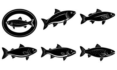 Elegant collection of salmon illustrations in black and white offers versatile design elements for seafood restaurants, fishing brands, or nautical themes