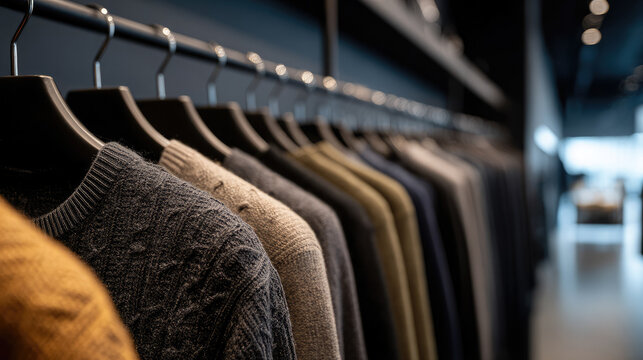 Wool sweaters hanging on hangers in an expensive showroom, clothing boutique, cashmere, textile, fashion, store, knitted jumper