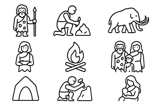 Prehistoric human life and Stone Age civilization elements featuring cave dwellers, mammoth, and fire