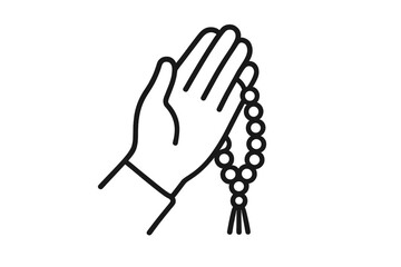 Fototapeta premium Minimalist outline of a hand raised in prayer holding religious rosary beads