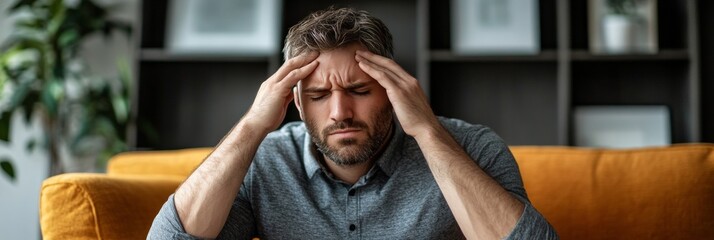 Stressed businessman overwhelmed by work pressure, suffering from headaches and fatigue in office.
