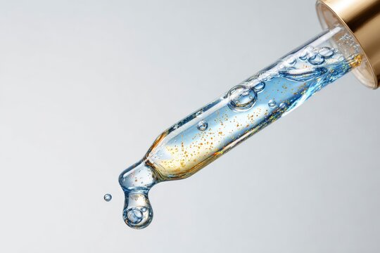 A pipette filled with blue liquid and golden specks drips against a soft gray backdrop