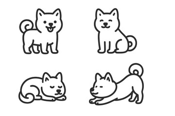 Fototapeta premium Cute Shiba Inu dog line art icons set showing different poses and emotions
