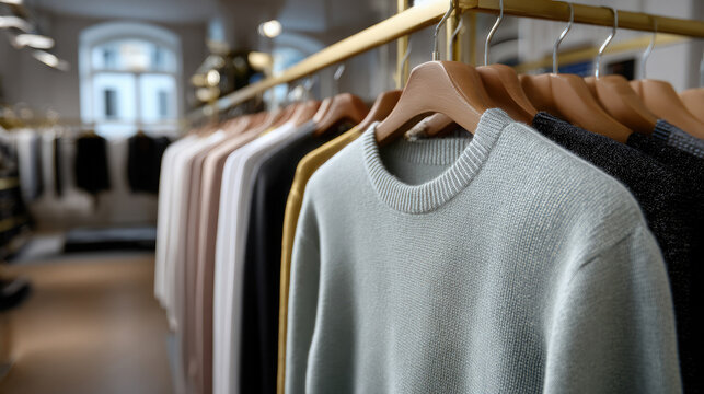 Wool sweaters hanging on hangers in an expensive showroom, clothing boutique, cashmere, textile, fashion, store, knitted jumper