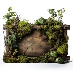 old sign with wooden frame and green moss isolated on white background. sign surrounded by plants and moss
