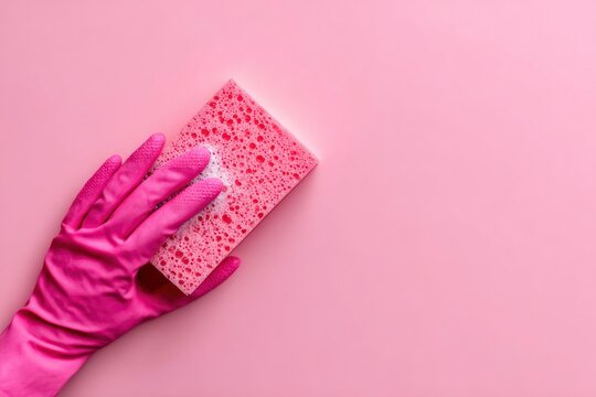 A pink gloved hand holds a foamy pink sponge against a pink surface