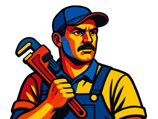 serious plumber with a wrench, wearing overalls and cap, symbolizing repr and mntenance services. raster colorful pop art illustration.