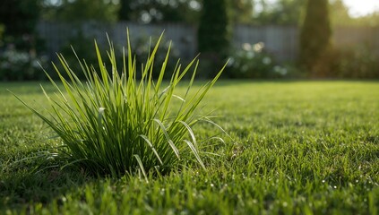 Naklejka premium Weedy crab grass in the lawn, emphasizing invasive species management