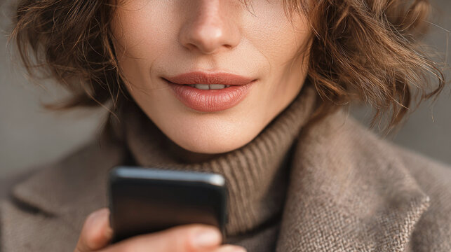 Close-up of a woman's lips holding a phone while using a voice assistant for online shopping.