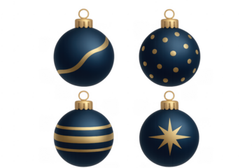 Blue and gold christmas ornaments set on transparent background