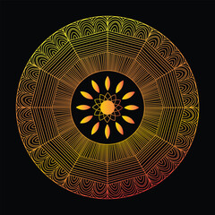 Intricate golden and orange mandala design with radiating sun pattern
