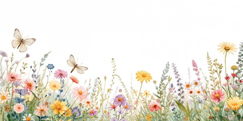 Fototapeta premium Wildflowers, flying butterfly and dragonfly in a floral watercolor border, ideal for summer meadow background design, World Environment Day