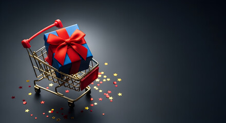Blue gift box with red ribbon in a miniature shopping cart, surrounded by sparkling confetti. Perfect for holiday shopping, sales, and joyful celebrations