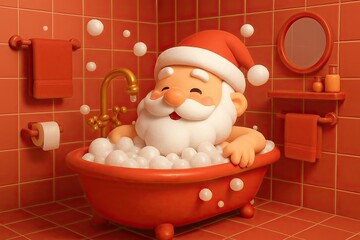 Happy Santa Claus Talking a Bubble Bath