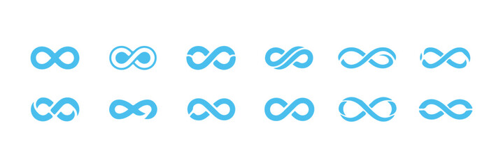Infinity and eternity icons in vector format. Endless loop logo and sign included.