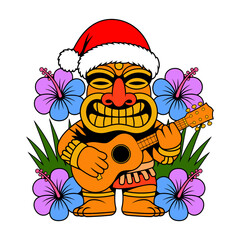 Festive Tiki Santa Playing Ukulele with Tropical Flowers Illustration