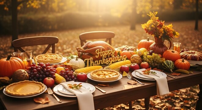 Roasted turkey and pies on an outdoor table setting with Happy Thanksgiving decoration