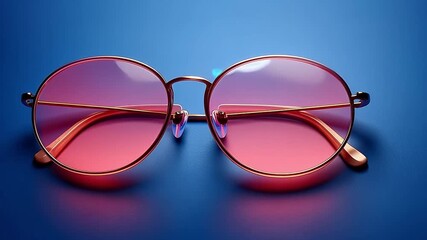 Stylish round sunglasses with pink lenses and gold frames. Modern fashion accessory isolated on a blue background. Retro eyewear animation - Powered by Adobe