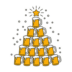 Beer Mug Christmas Tree with Star and Snow Holiday Illustration