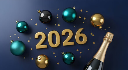 Elegant Golden 2026 New Year celebration with festive ornaments and sparkling champagne on a sophisticated dark blue background, symbolizing future prosperity and joy
