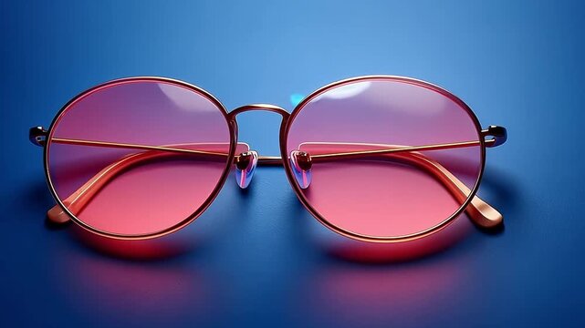 Stylish round sunglasses with pink lenses and gold frames. Modern fashion accessory isolated on a blue background. Retro eyewear animation