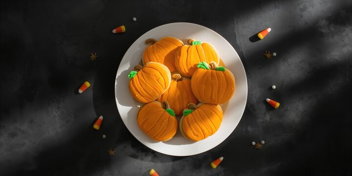 Sugar cookies decorated with orange icing in pumpkin shapes, seasonal holiday baking