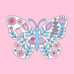 Floral Butterfly with Botanical Wings on Pink Background Illustration