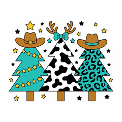 Western Christmas Trees with Cowboy Hats and Festive Patterns Illustration