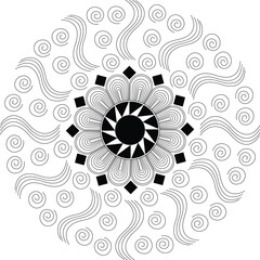 Black and white mandala design with sun and swirl element